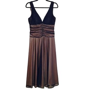 Womens y2k fairy grunge whimsygoth mesh Black Tan Midi Dress Sz 10 V-neck Beaded